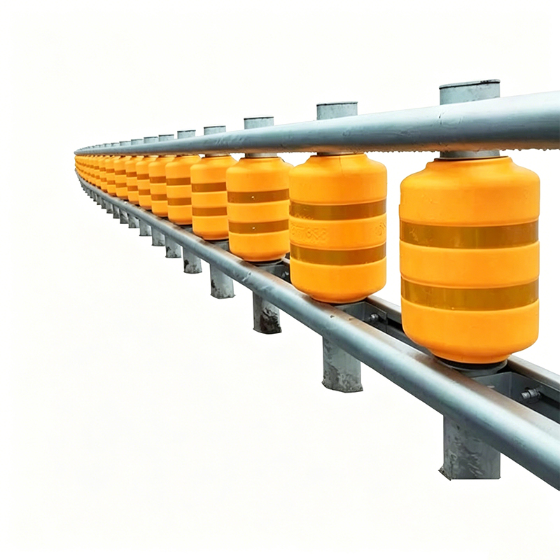 Energiabsorberende motorvejsrullebarriere til skarpe kurver