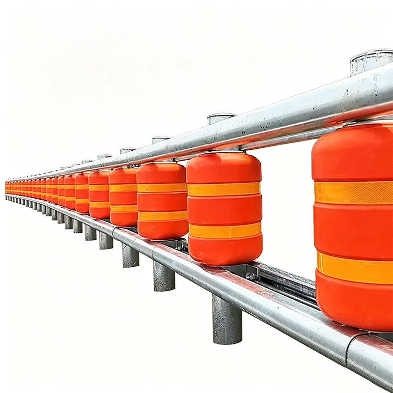 Energiabsorberende motorvejsrullebarriere til skarpe kurver