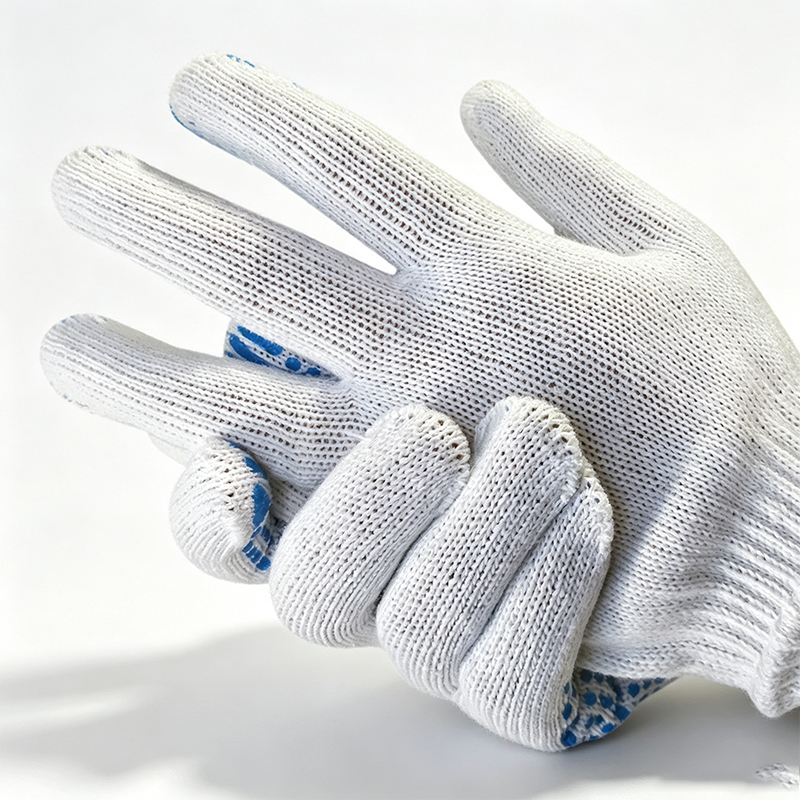 Arbejdshandsker i plastik med prikker i bomuldsgarn